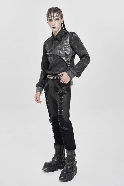 Black Long Sleeves Print Stitching Asymmetric Bullet Men's Punk Blouse