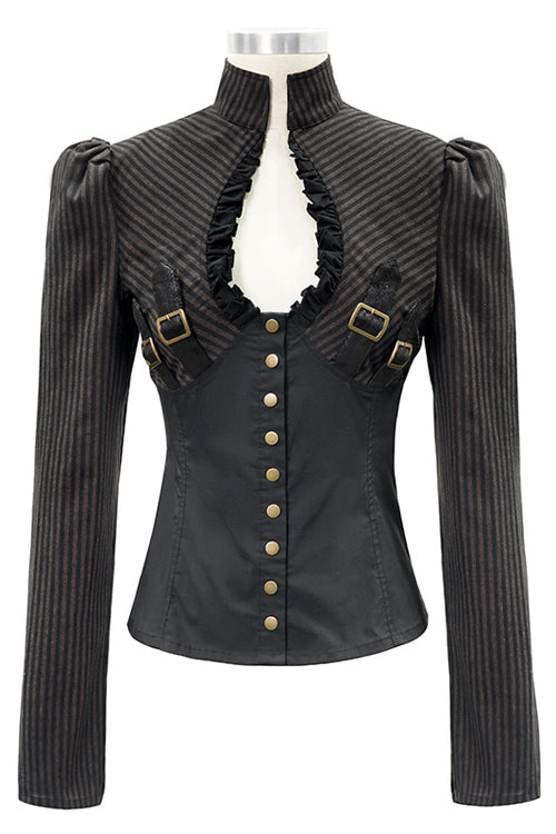 Black And Coffee Striped Low Collar Sexy Womens Punk Blouse