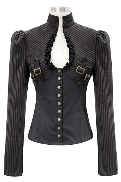 Black And Coffee Striped Low Collar Sexy Womens Punk Blouse