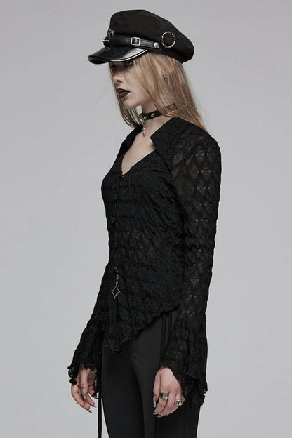 Black Diamond Pattern Round Collar Irregular Drawstring Women's Gothic Shirt
