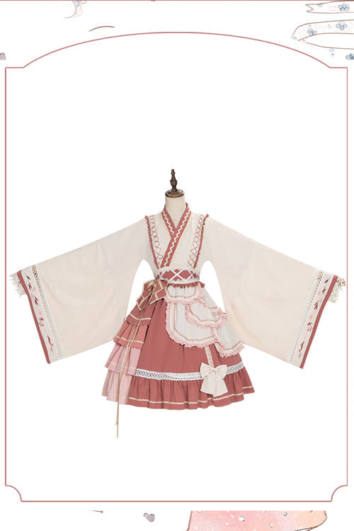 Beige/Pink Wide Sleeved Multi-Layered Ruffle Sweet Lolita OP Dress