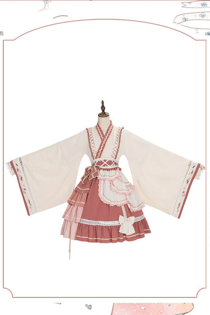 Beige/Pink Wide Sleeved Multi-Layered Ruffle Sweet Lolita OP Dress