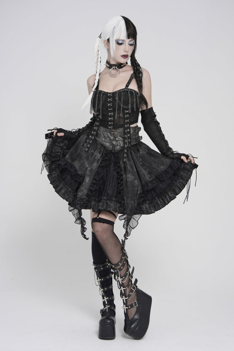 Black Off Shoulder Lace Lace-Up Slim Mesh Strappy Chain-Decorated Eyelet Women's Punk Corset