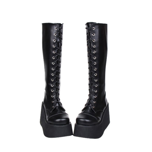 Black Concise Lace Up Sweet Lolita High Boots