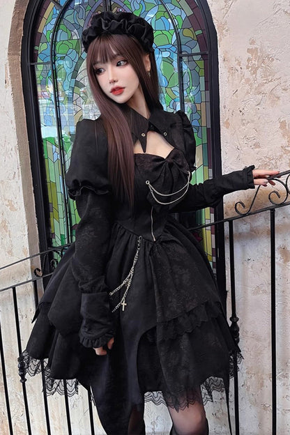 Black Dream Long Sleeves High Waisted Ruffle Cardigan Gothic Princess Lolita Dress