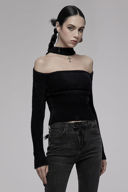 Black Knitted Tight Hollow-Carved Design Metal Cross Decoration Long Sleeve Women's Punk Top