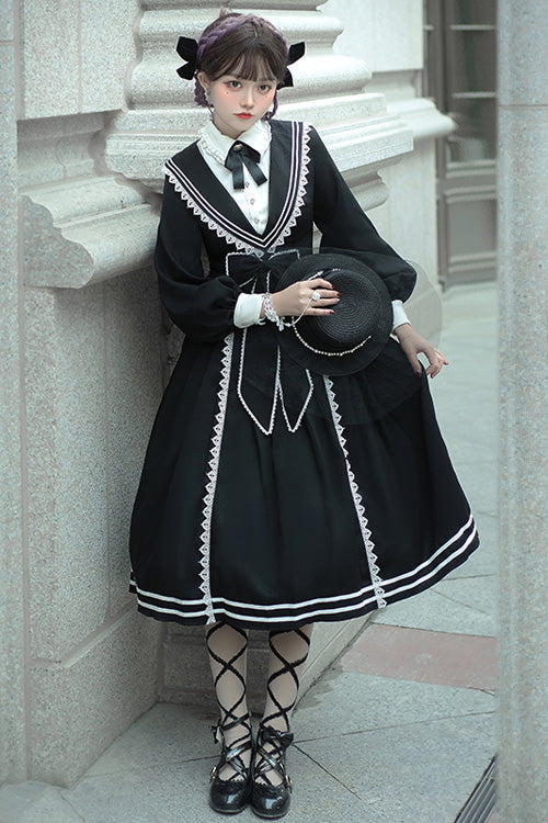 Black Elegant Bowknot Long Sleeves College Style Gothic Lolita Dress