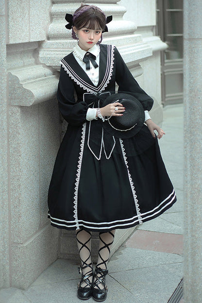 Black Elegant Bowknot Long Sleeves College Style Gothic Lolita Dress