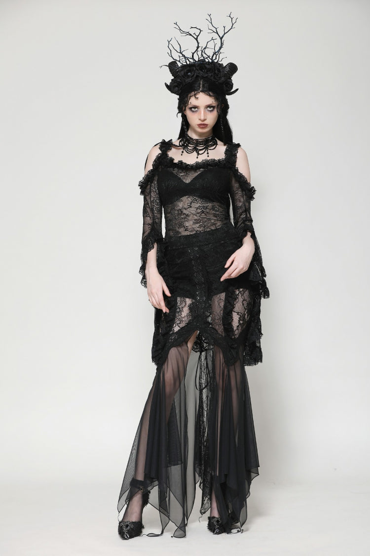 Black Off Shoulder Long Flare Sleeves Lace Women's Gothic Romantic Top