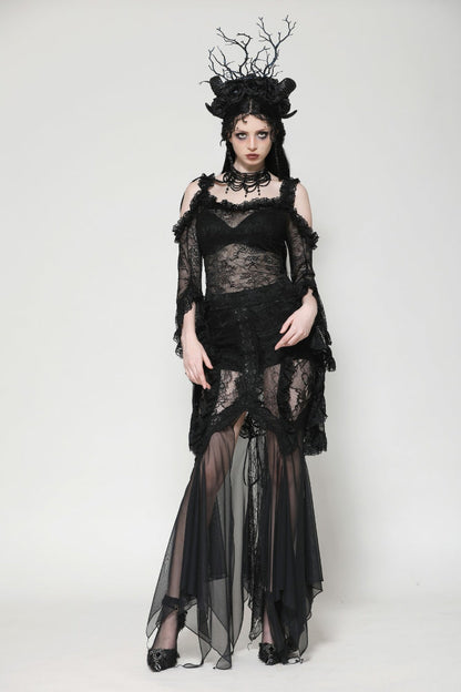 Black Off Shoulder Long Flare Sleeves Lace Women's Gothic Romantic Top
