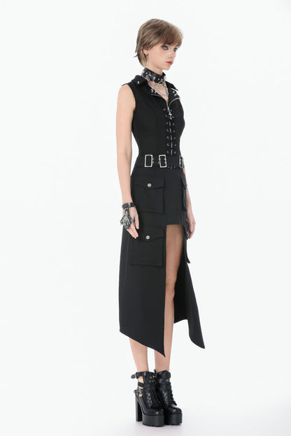 Black Lapel Collar Sleeveless Lace-Up Studded Zippered Eyelet Women's Punk Vest