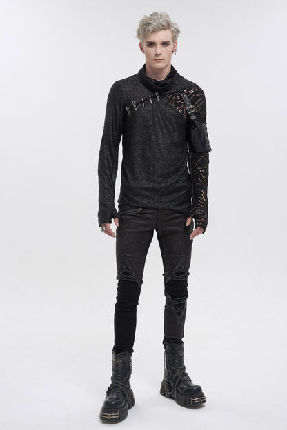 Black Fashion Printed Fabric Stitching Ripped Mesh Detachable Long Sleeve Men's Punk T-Shirt