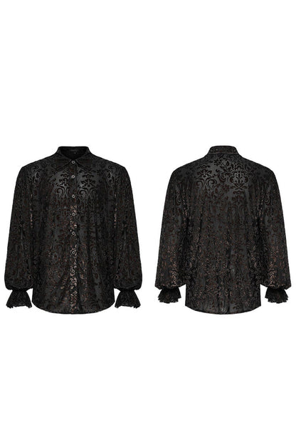 Black Lapel Collar Long Trumpet Sleeves Bronzing Pattern Print Mens Gothic Gorgeous Blouse