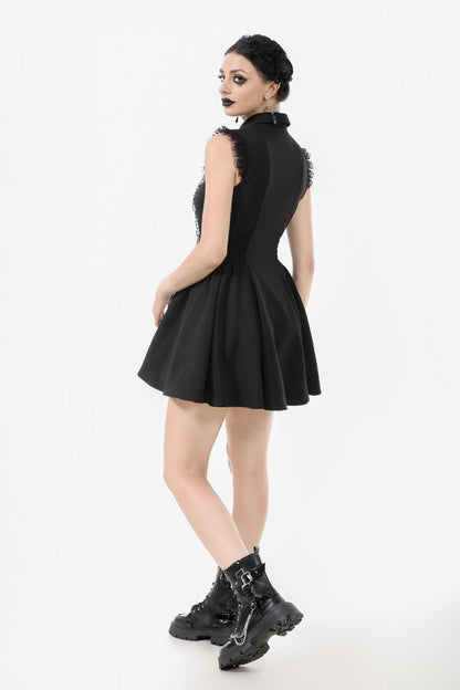 Black Lapel Collar Sleeveless Lace Women's Gothic Button-Front Dress Graduation Dress