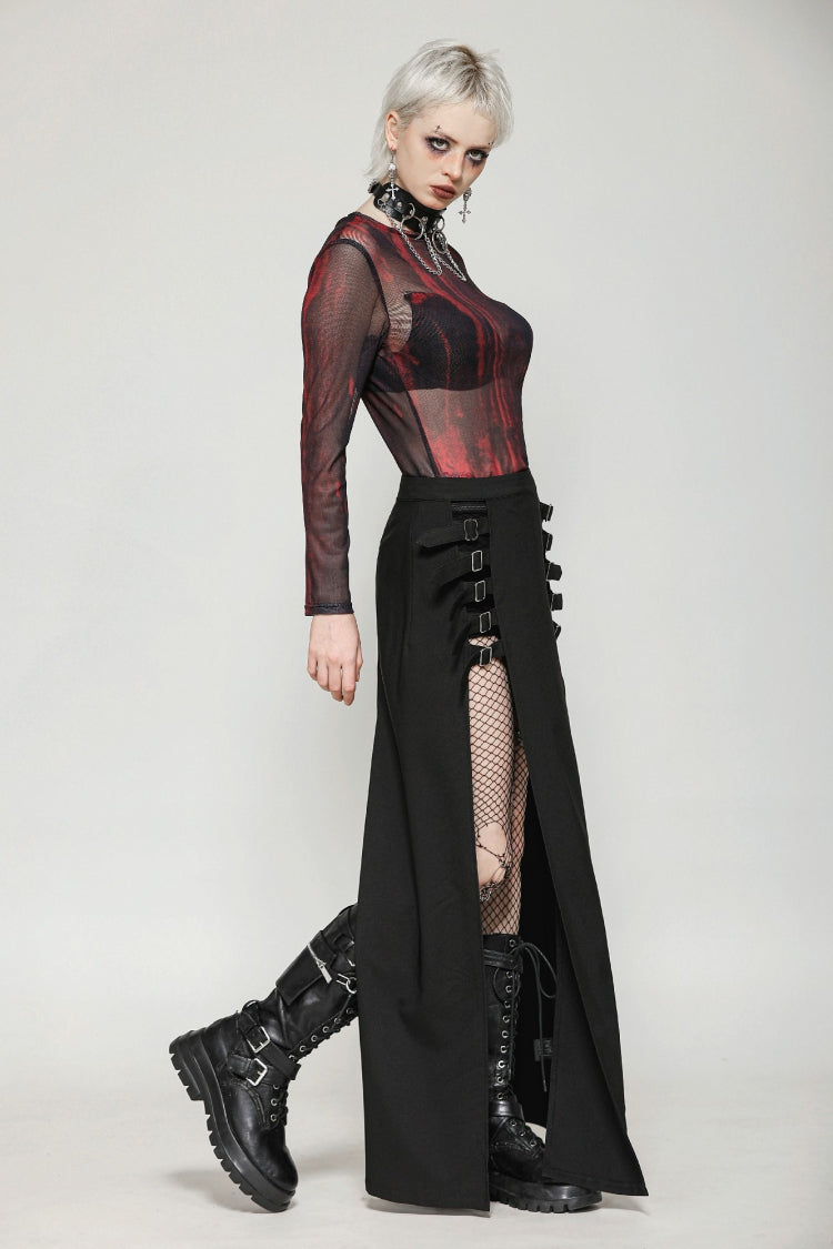 Black Buckled Zippered Women's Punk Side Slit Long Skirt