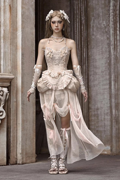 Apricot V Collar Sleeveless High Waisted Ruffle Embroidery Lace Fishbone Gothic Lolita Corset Skirt Set