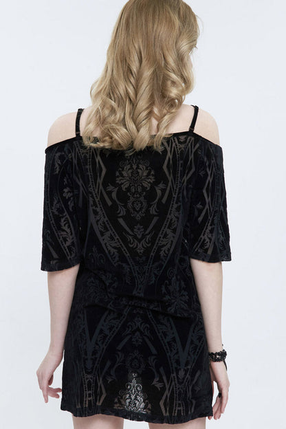Black Print Front Long Back Side Slit Off The Shoulder Women's Punk Dress