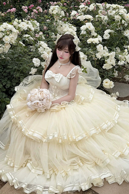 Apricot [Sweet Organza Satin] Sleeveless Multi-Layered Ruffled Hanayome Bow Lace Sweet Elegant Princess Lolita Jsk Dress