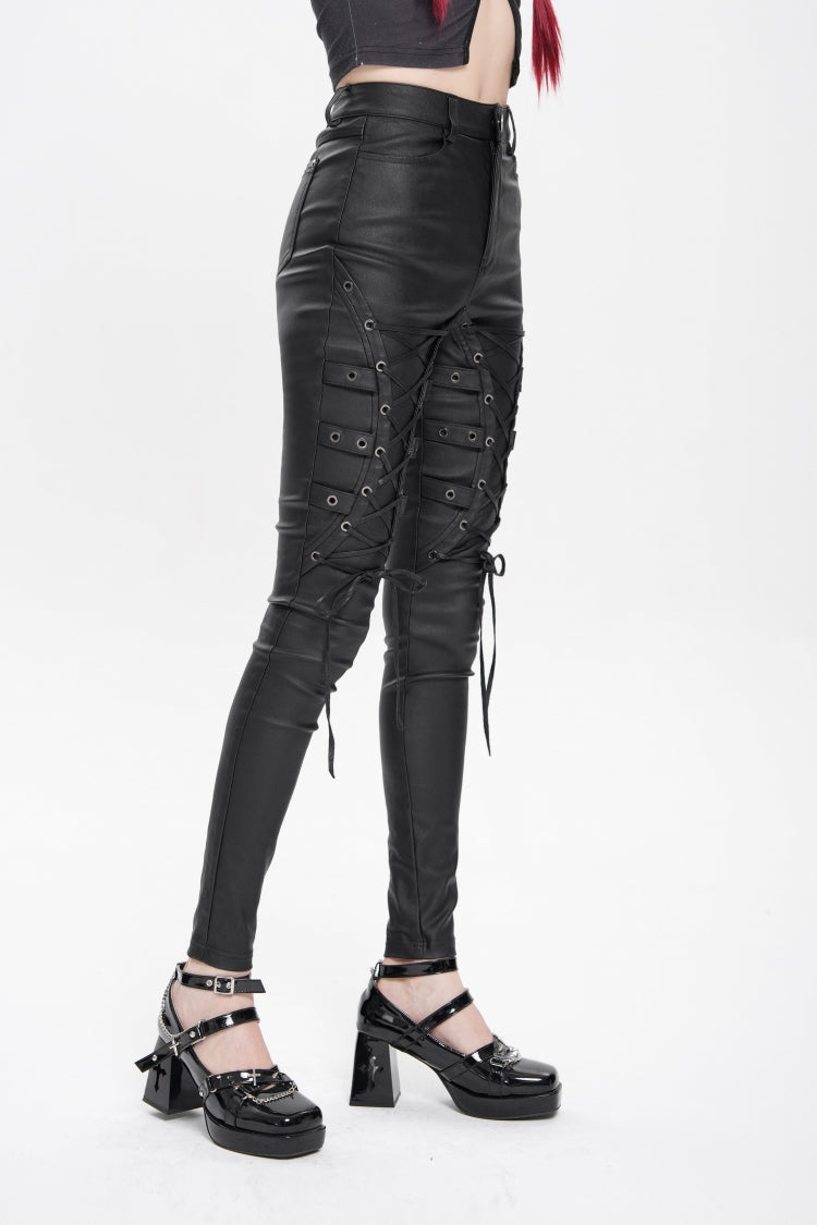 Black Lace-Up Eyelet Straps Women's Punk Pants