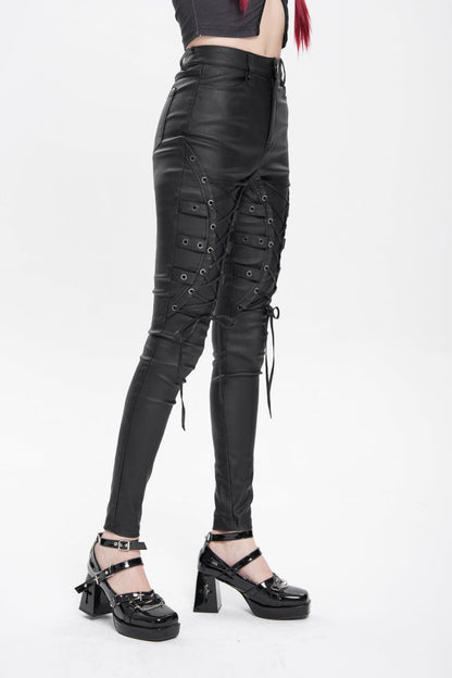 Black Lace-Up Eyelet Straps Women's Punk Pants