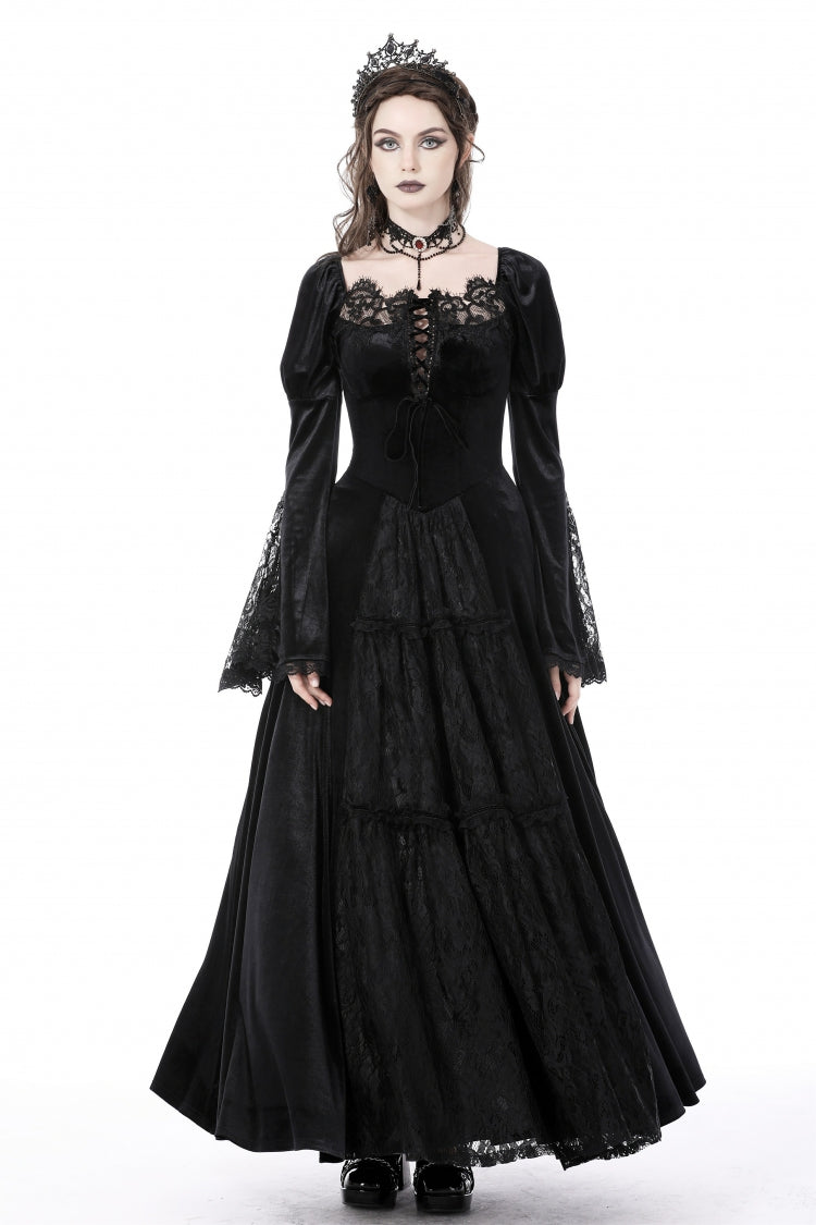 Black Long Puff Sleeves Spliced Lace Lace-Up Women's Gothic Vintage Velvet Wedding Dress