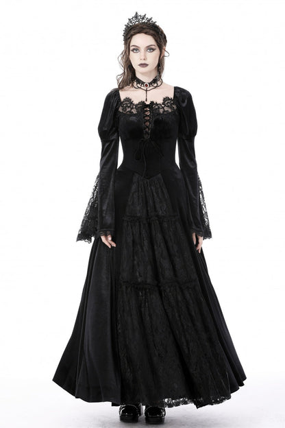 Black Long Puff Sleeves Spliced Lace Lace-Up Women's Gothic Vintage Velvet Wedding Dress