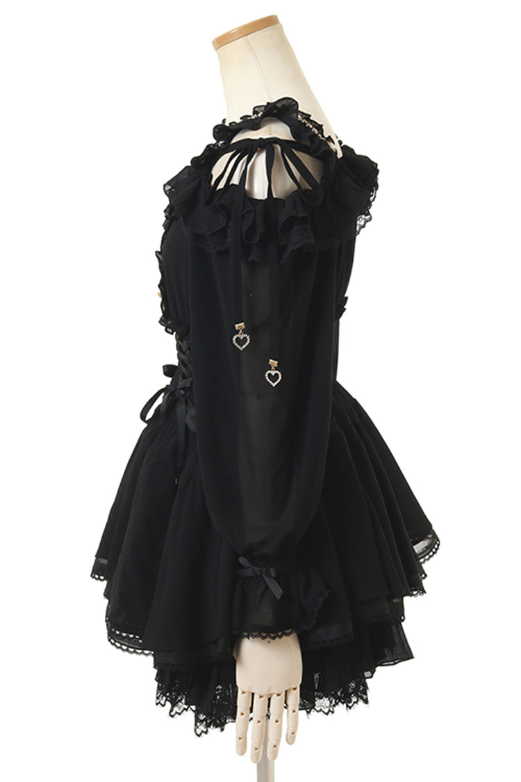 Black Off Shoulder Long Sleeves Floral Print Ruffle Bowknot Lace-Up Gothic Jirai Kei Japanese Skirt Set