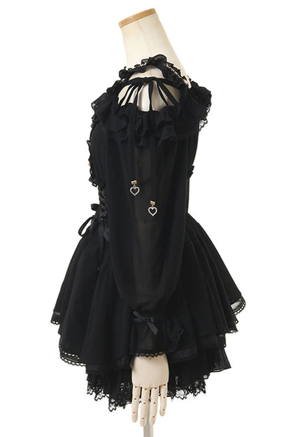 Black Off Shoulder Long Sleeves Floral Print Ruffle Bowknot Lace-Up Gothic Jirai Kei Japanese Skirt Set