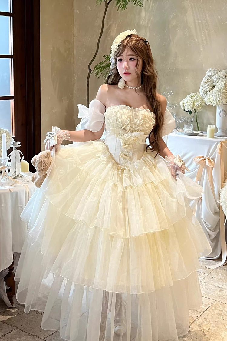 Beige [Mousse Serenade] Triple-Layered Ruffled Hanayome Bow Lace Sweet Princess Lolita Strapless Dress