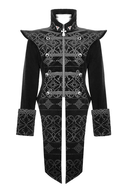 Black High Collar Chinese Palace Floral Pattern Velvet Long Mens Gothic Coat