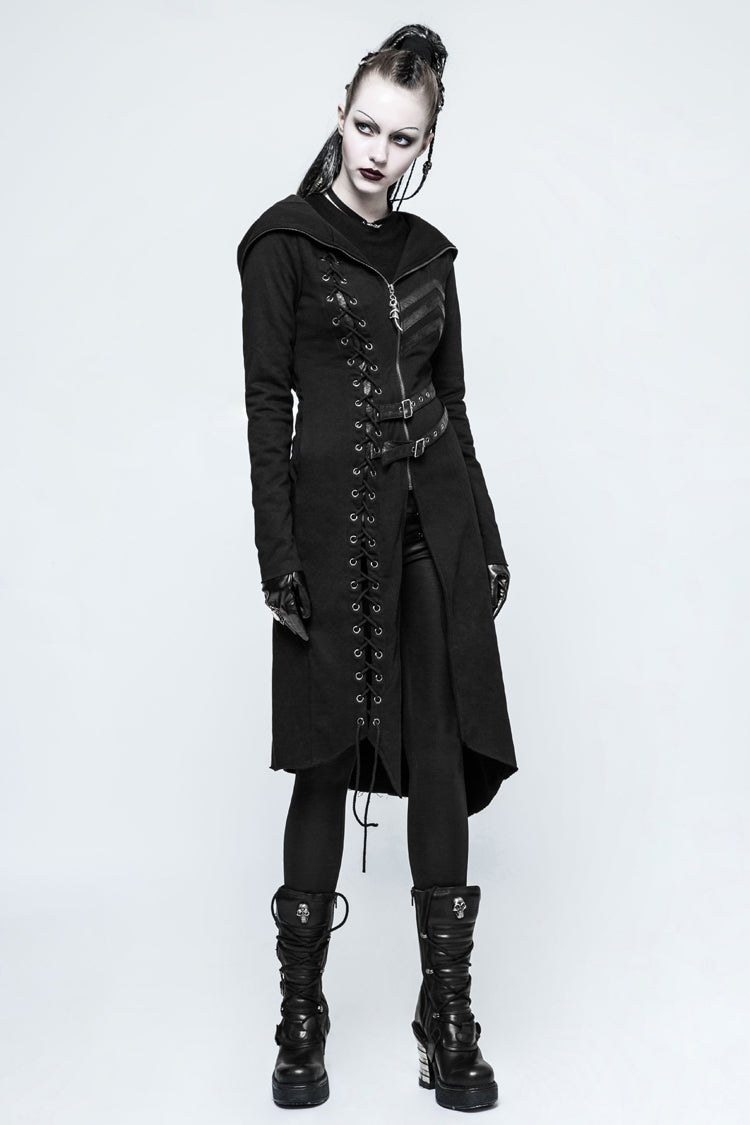 Black Long Sleeves Hooded Asymmetric Women's Gothic Military Coat With Belt