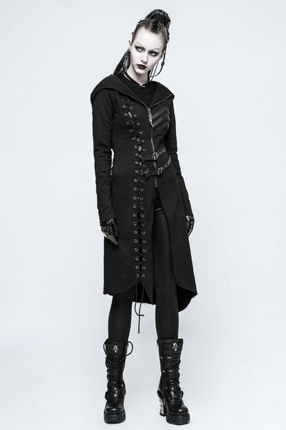 Black Long Sleeves Hooded Asymmetric Women's Gothic Military Coat With Belt