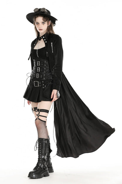 Black Long Sleeves Spliced Lace-Up Women's Gothic High Low Faux Leather Long Tail Jacket
