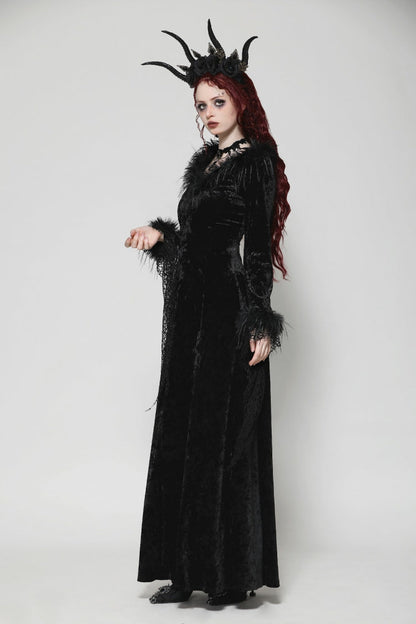 Black Long Sleeves Velvet Lace Women's Gothic Maxi Dress Wedding Dress
