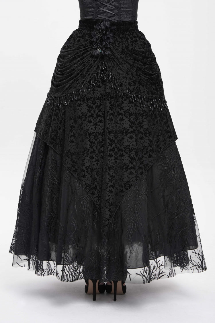 Black Floral Embroidered Beaded Women's Gothic Long Skirt