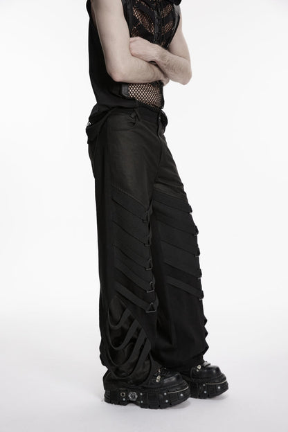 Black Multi-Layered Mesh Eyelet Men's Punk Cool Strappy Pants