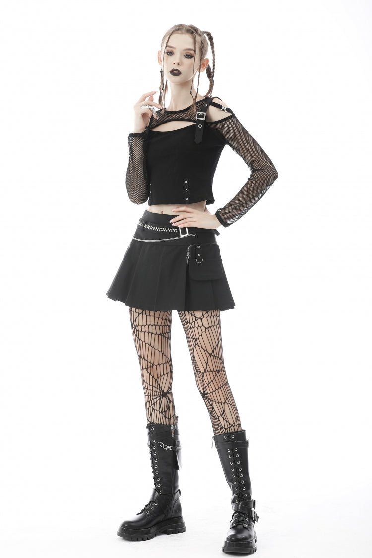 Black Pleated Big-pocket Chain-Decorated Women's Punk Mini Skirt with Belt