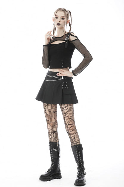 Black Pleated Big-pocket Chain-Decorated Women's Punk Mini Skirt with Belt