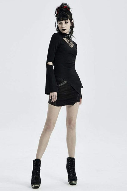 Black Gothic Stretch Knitted Fabric Spliced Geometric Mesh Design Women's Long Sleeve T-Shirt