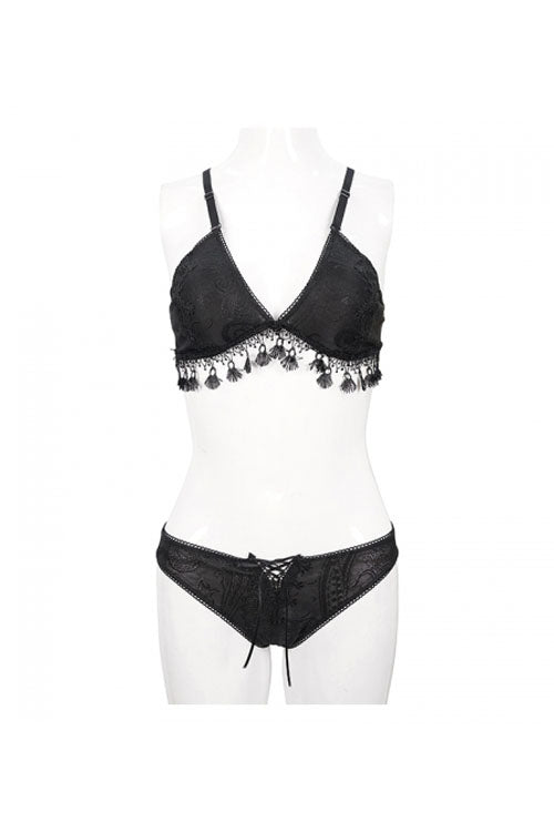 Black Dark Grain Jacquard Tassel Lace Up Gothic Swimsuit