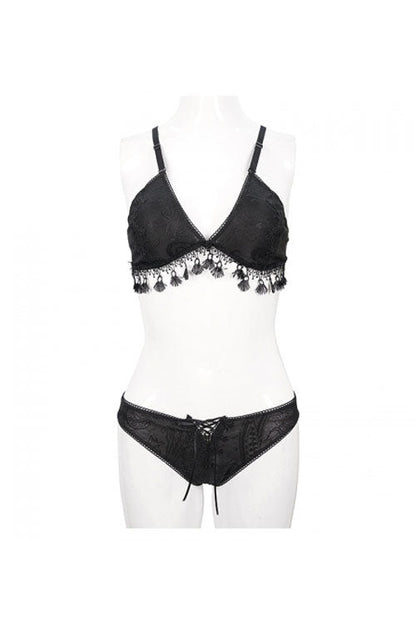 Black Dark Grain Jacquard Tassel Lace Up Gothic Swimsuit