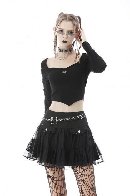 Black Long Sleeves Irregular Strappy Bat Women's Punk Crop Top