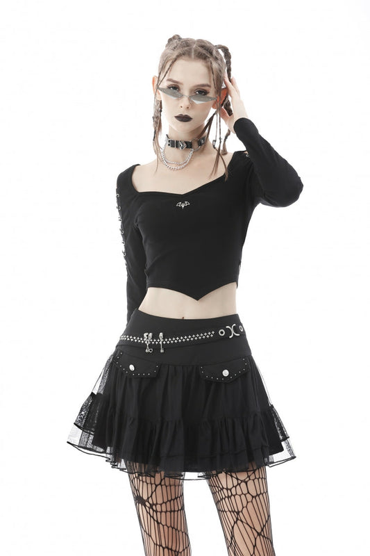 Black Long Sleeves Irregular Strappy Bat Women's Punk Crop Top