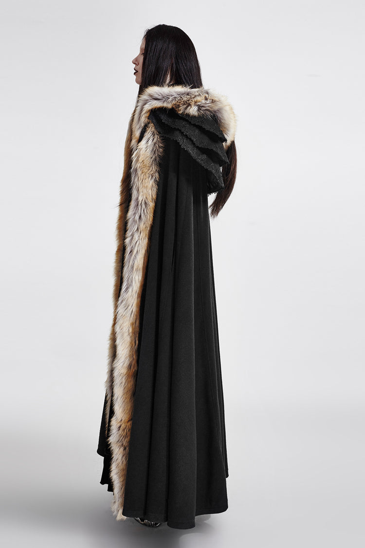 Black Hooded Fur Collar Wool Long Womens Gothic Coat Cloak