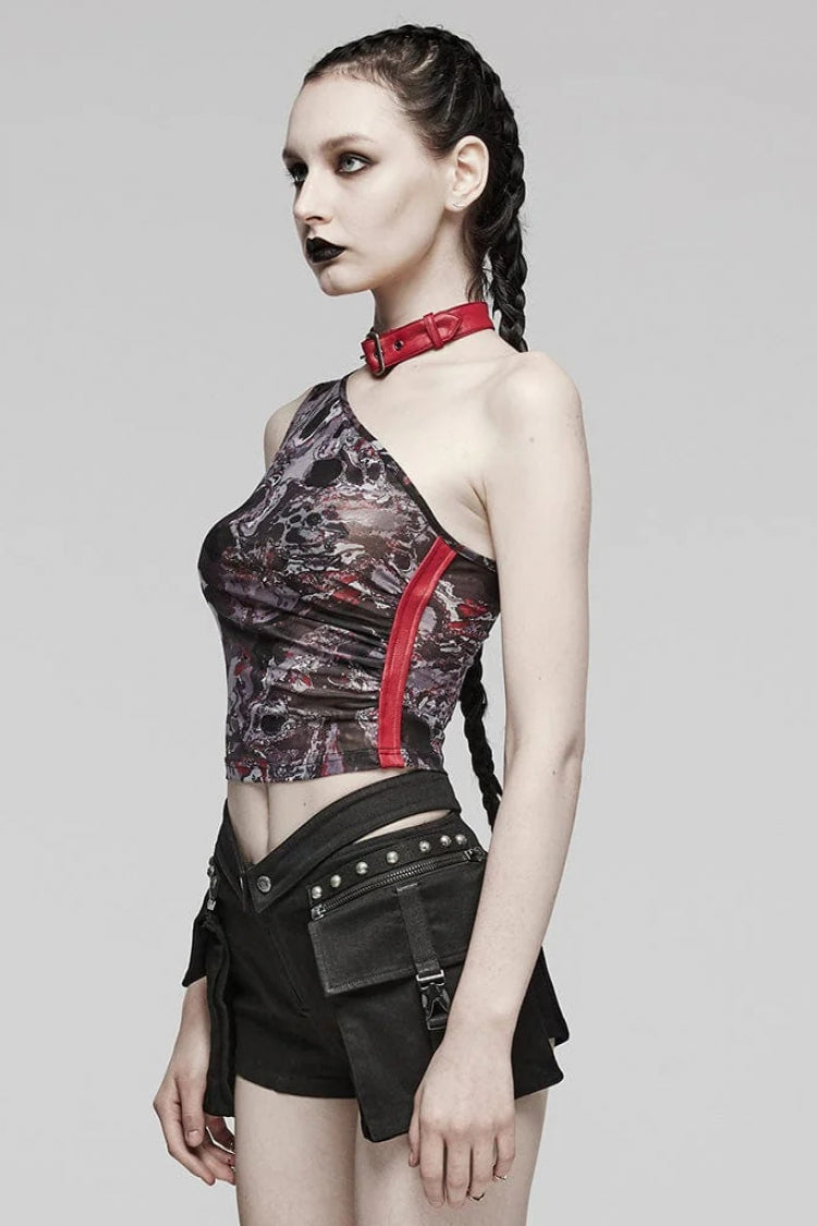 Asymmetrical Off Shoulder Sleeveless Print Womens Steampunk Halter Vest 2 Colors