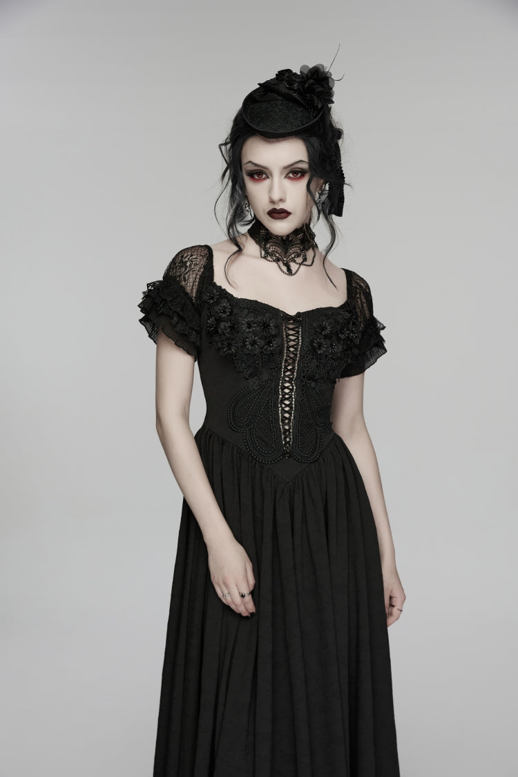 Black Off Shoulder Short Puff Sleeves Ruffled Hanayome Embroidered Lace Women's Gothic Elegant Gorgeous Dress