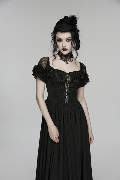 Black Off Shoulder Short Puff Sleeves Ruffled Hanayome Embroidered Lace Women's Gothic Elegant Gorgeous Dress