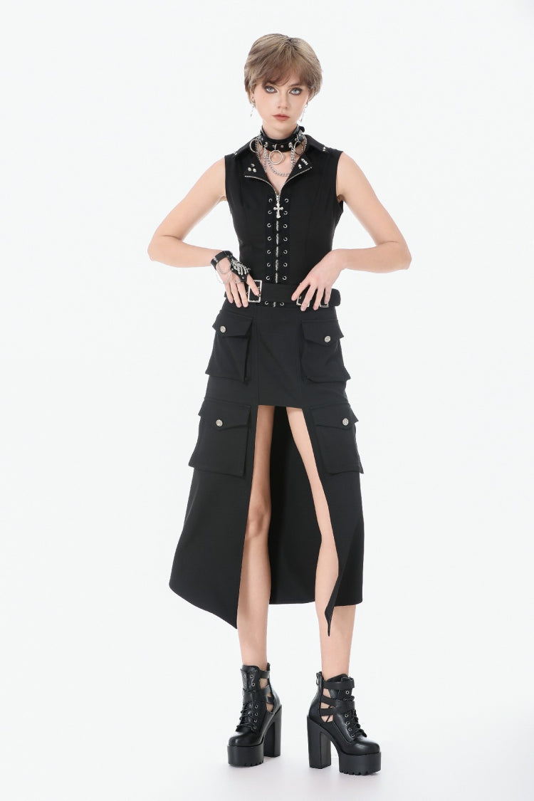 Black Lapel Collar Sleeveless Lace-Up Studded Zippered Eyelet Women's Punk Vest