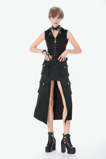 Black Lapel Collar Sleeveless Lace-Up Studded Zippered Eyelet Women's Punk Vest