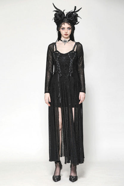 Black Long Sleeves Lace-Up Spiderweb Women's Gothic Elegant Witch Long Dress